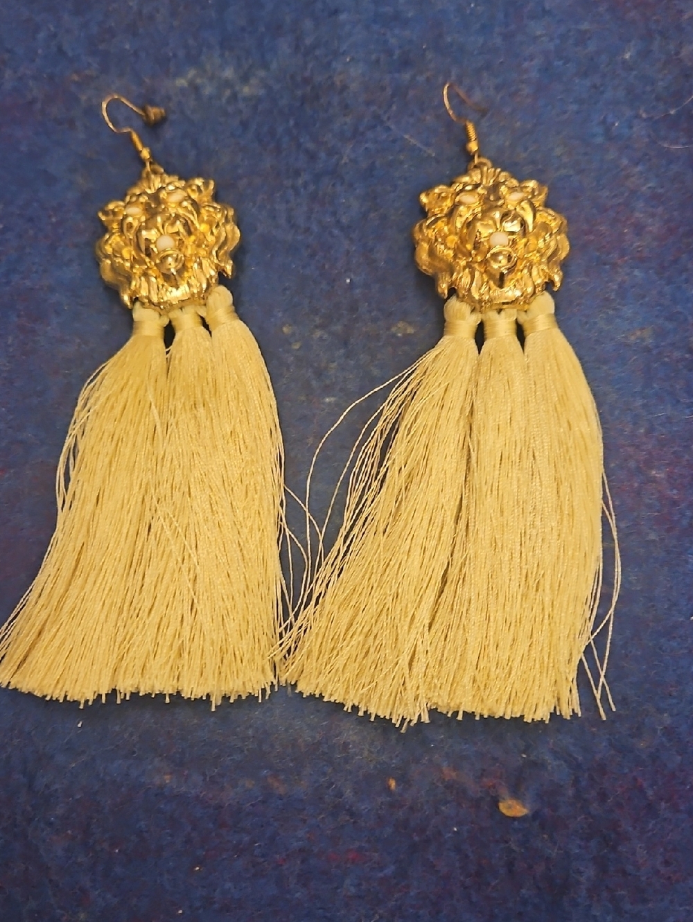 Gold Tassel Drop Earrings with Lion Medallion